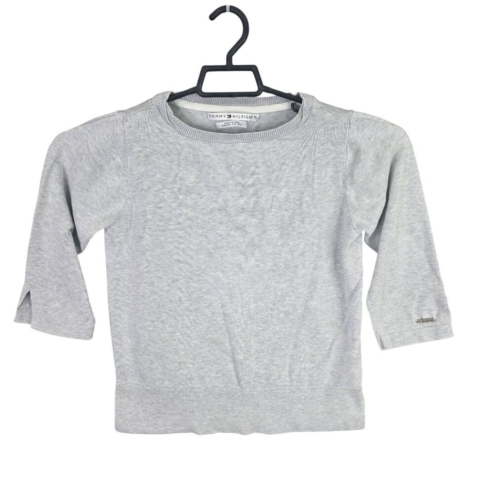 Womens Tommy Hilfiger Gray Pullover Sweater 3/4 Sleeve Crewneck Cotton Size M